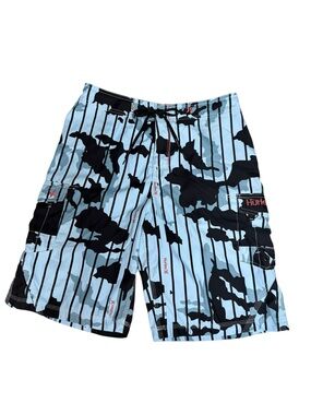 🩳☀️ Hurley Y2K Light Blue & Black Camo Stripe Cargo Boardshorts